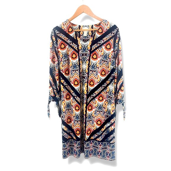 Chico's Size 2 = Large/12 Ikat Multi-Color Print V-Neck Tie-Sleeve Shift Dress - Picture 7 of 8